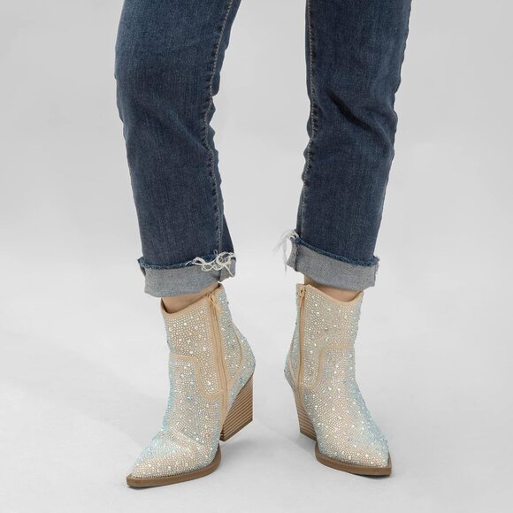 ✨Sparkle Champagne Ankle Boots🍾💎 Rhinestone Pointed Bling✨👢Western Heel Boots👢🌟 - Picture 3 of 6
